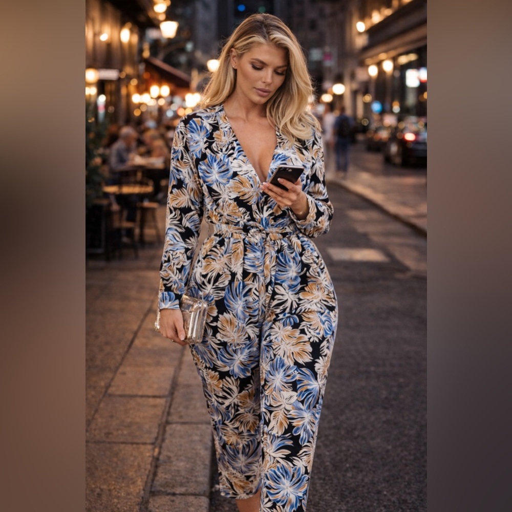 Feel In Floral Jumpsuit Belted Cropped Blue Tan Sz Medium